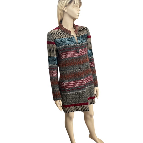 RIANI Aztec Print Long Jacket In Grey Burgundy & Turquoise - Picture 3 of 11